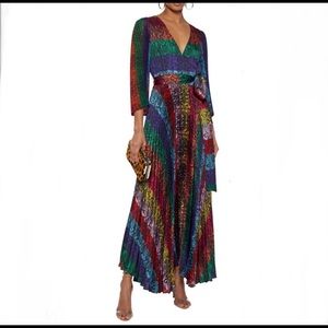 Alice+Olivia Meryl Pleated Tie-Waist A-Line Maxi Dress